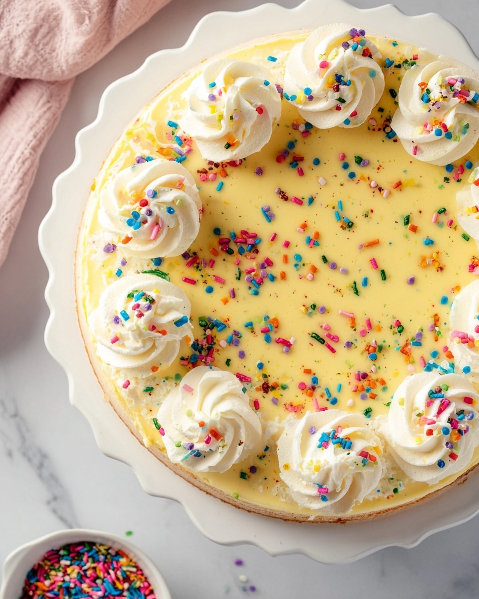 Baked Birthday Cheesecake with Sprinkles Recipe 6 The image shows a round cake with a smooth yellow top layer covered in colorful sprinkles scattered evenly. Around the edge, there are eight white swirled frosting dollops, each decorated with a few sprinkles. The cake sits on a white plate with a scalloped edge, placed on a white marbled surface. A small bowl of additional sprinkles is partly visible at the bottom left corner. The lighting is bright and natural, making the colors look fresh and vibrant photo taken with an iphone --ar 4:5 --v 7