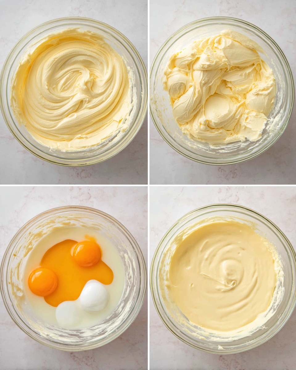 New York Cheesecake with Sour Cream Topping Recipe 5 The image shows four clear glass mixing bowls placed on a white marbled surface, each containing a stage of a creamy mixture. The top left bowl has a smooth, thick, light yellow cream with soft swirls on the surface. The top right bowl shows a similar cream but a bit thicker and less smooth, with some folds and lumps. The bottom left bowl contains the same thick cream with a single raw egg yolk and white added on one side, the orange yolk standing out against the light yellow cream. The bottom right bowl shows the mixture fully blended into a smooth, pale yellow, liquid cream with even texture covering the bowl evenly. Photo taken with an iphone --ar 4:5 --v 7