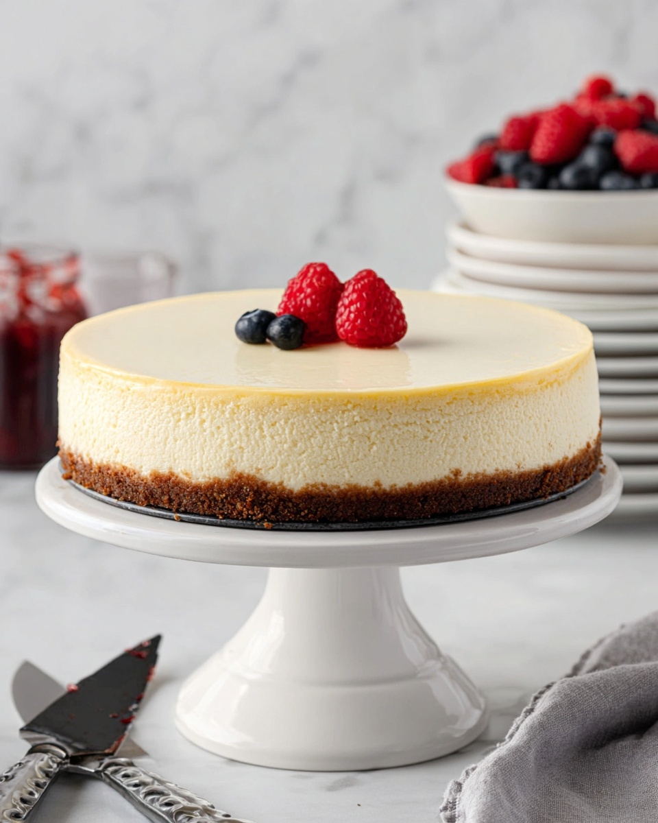 New York Cheesecake with Sour Cream Topping Recipe 6 A cheesecake with three clear layers sits on a white cake stand with a smooth, glossy finish. The bottom layer is a thin, dark brown crumb crust, above it is a thick, creamy pale yellow cheesecake layer with a soft texture, and the top layer is a thin, smooth white cream topping. On top, there are two red raspberries and one dark blue blueberry placed in the center. The background shows a white marbled surface with some blurred plates stacked and a small white bowl filled with more raspberries and blueberries. Nearby, two knives with black handles lie flat on the white marbled surface with a small glass jar of red jam slightly out of focus in the background. Photo taken with an iphone --ar 4:5 --v 7