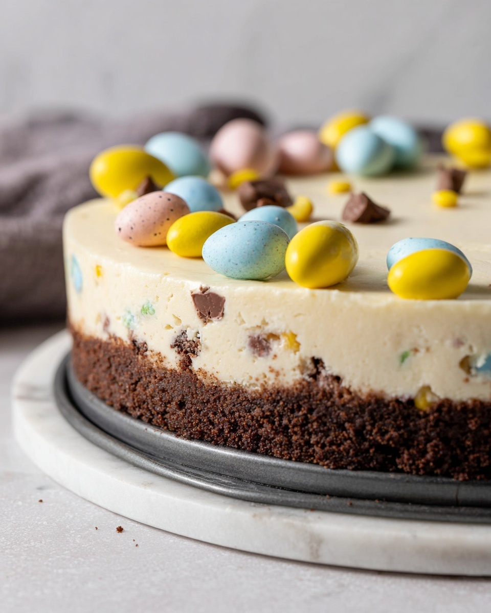 No-Bake Mini Egg Cheesecake Recipe 6 This image shows a close-up side view of a two-layer cheesecake on a dark metal springform pan, which sits on a white marbled surface. The bottom layer is a thick, crumbly, dark brown chocolate cookie crust with a coarse texture. Above it is a thick, creamy, off-white cheesecake layer speckled with colorful candy pieces inside. The top edge of the cheesecake is decorated with small, round candy eggs in bright yellow, pastel blue, and cracked pink shells revealing chocolate inside, scattered loosely around the edge. The background is softly blurred and light-colored, giving focus to the cheesecake. photo taken with an iphone --ar 4:5 --v 7
