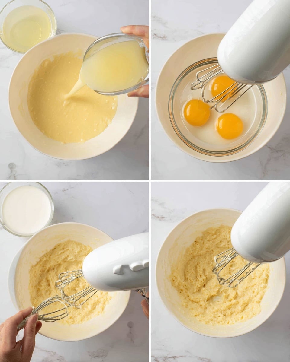 A white bowl filled with a pale yellow creamy mixture is being blended with a white electric hand mixer. In the top left image, a clear glass cup with a light yellow liquid is being poured into the bowl. In the top right image, a woman's hand holds a clear glass cup with two egg yolks over the same bowl as the mixer whisks the mixture. In the bottom left, a woman's hand holds a clear glass cup with white milk next to the bowl as the mixer blends. In the bottom right, a woman's hand holds a clear glass cup with mashed bananas near the bowl while the mixer continues. All images have a white marbled background. Photo taken with an iphone --ar 4:5 --v 7
