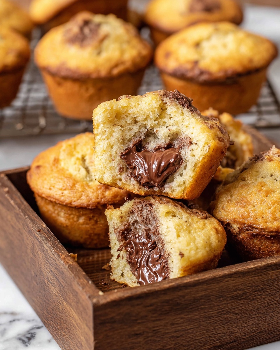 There are several golden brown muffins with a soft and slightly crumbly texture, filled with smooth and shiny dark chocolate in the center. One muffin in the front is broken open to show the thick chocolate inside. The muffins are placed in a dark wooden box on a white marbled surface, with a wire rack and more muffins blurred in the background. photo taken with an iphone --ar 4:5 --v 7