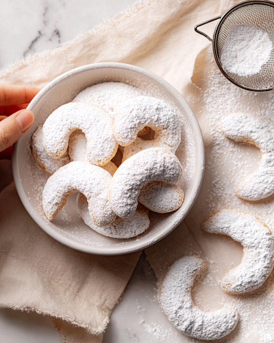 A small pile of crescent-shaped cookies covered in white powdered sugar sits in a round white bowl placed on a beige cloth. The cookies have a light golden-brown color under the powdered sugar, showing soft texture. To the right, more crescent cookies lay flat on a white marbled surface, also dusted heavily with powdered sugar. In the top right corner, there is a metal tea strainer with powdered sugar. A woman's hand is gently touching the edge of the bowl. The scene has a soft, bright light showing all details clearly photo taken with an iphone --ar 4:5 --v 7