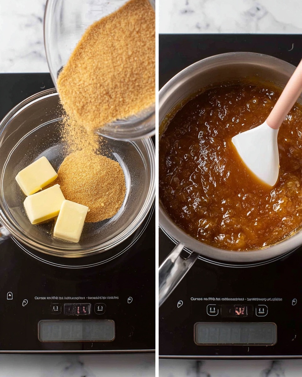 Two images side by side show the process of making caramel sauce in a small silver saucepan on a black stove with digital controls. The left side shows a clear glass bowl holding a layer of light brown sugar being poured over three small pieces of pale yellow butter melting at the bottom of the pan. The right side shows the saucepan with a thick, bubbling caramel mixture in dark golden brown color, being stirred by a white spatula with a pale pink handle. The background surface is a white marbled texture. Photo taken with an iphone --ar 4:5 --v 7