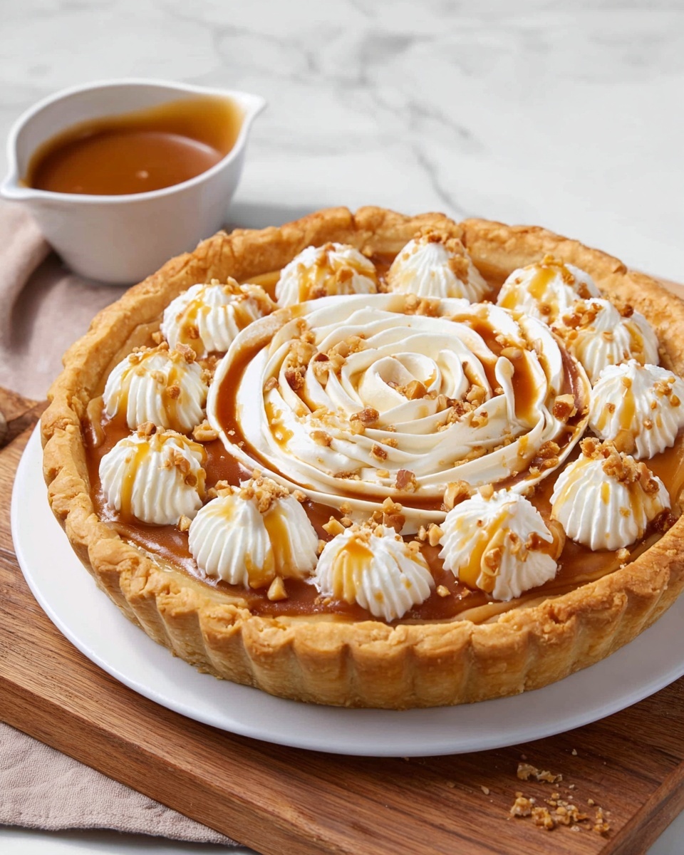 A round pie with a thick, golden-brown crust that is crimped around the edge, filled with a smooth light brown caramel filling. On top of the caramel are swirls of white whipped cream arranged like flower petals, layered in two concentric circles. The whipped cream is drizzled with a darker caramel sauce and sprinkled with small crunchy nuts scattered mainly over the cream. The pie sits on a white plate, placed on a white marbled surface. Nearby, a small white bowl filled with caramel sauce is on a wooden board. Photo taken with an iphone --ar 4:5 --v 7