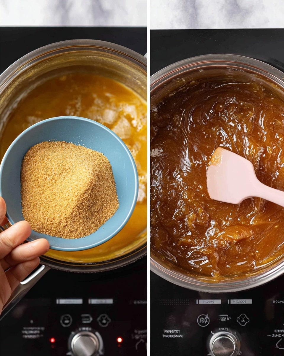 The image shows two stages of cooking in a silver pot on a black stove with white marbled texture around. On the left, a woman's hand is holding a small blue bowl full of light brown sugar above the pot that contains melted golden-yellow butter, with the sugar partly poured inside forming a mound. On the right, there is a close-up of the pot with thick, rich, caramel-colored syrup bubbling and being stirred by a light pink spatula. Photo taken with an iphone --ar 4:5 --v 7