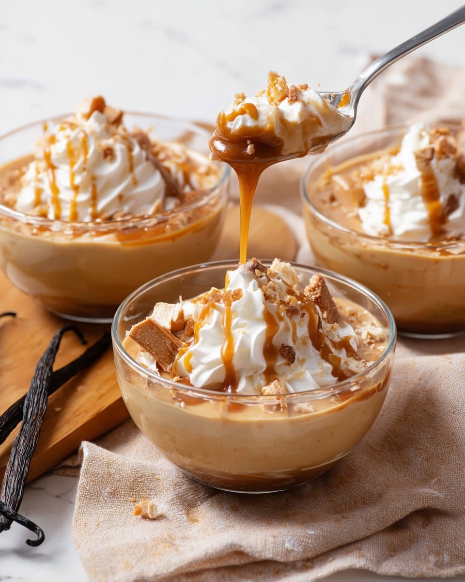 The image shows three transparent glass bowls filled with a creamy caramel pudding. Each bowl has a light brown smooth pudding base topped with white whipped cream dollops arranged around the edge. There is a drizzle of rich caramel sauce over the whipped cream and small chunks of crunchy toffee sprinkled on top. One bowl is in front where a spoon is lifting a scoop, showing the pudding's thick and soft texture with caramel sauce dripping from the spoon. The bowls are placed on a beige cloth on a white marbled surface next to a wooden board holding a vanilla bean pod. The light is soft and natural, highlighting the dessert’s creamy and glossy texture photo taken with an iphone --ar 4:5 --v 7