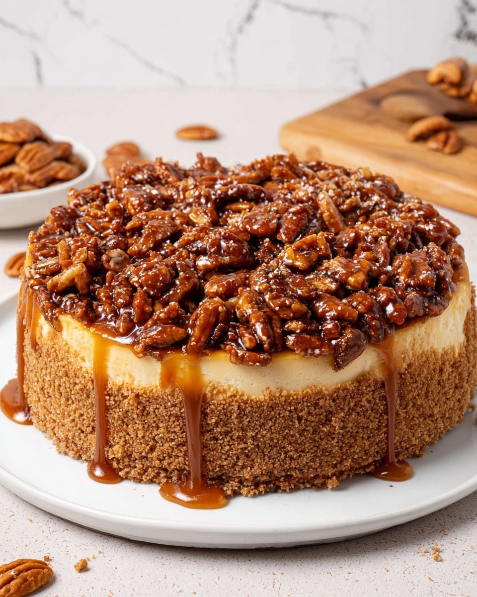 A round cheesecake sits on a white plate with a thick, crumbly, light brown crust forming the base and sides, giving it a rough texture. On top of the crust is a smooth, creamy, pale yellow layer of cheesecake, almost hidden by a dense pile of shiny caramel-coated pecans that cover the entire top. Some caramel sauce is dripping down the sides of the cheesecake, adding a glossy, rich look. The background has a white marbled texture, with a wooden cutting board and loose pecans scattered around. photo taken with an iphone --ar 4:5 --v 7