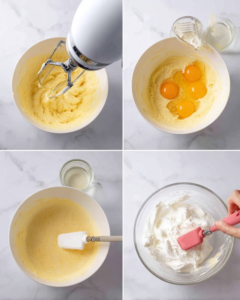 The image shows four stages of mixing batter in a white bowl placed on a white marbled surface. The first stage has a white electric mixer blending a yellowish mixture while a glass measuring cup with a clear liquid is poured in. In the second stage, three cracked eggs are being poured from a glass bowl into the same bowl while the mixer blends the light yellow batter. The third stage shows a pink spatula folding white whipped cream into the thickened yellow batter in the bowl. The final stage has a woman's hand holding an empty glass bowl above the mixed batter while the mixer is ready to blend the mixture. photo taken with an iphone --ar 4:5 --v 7