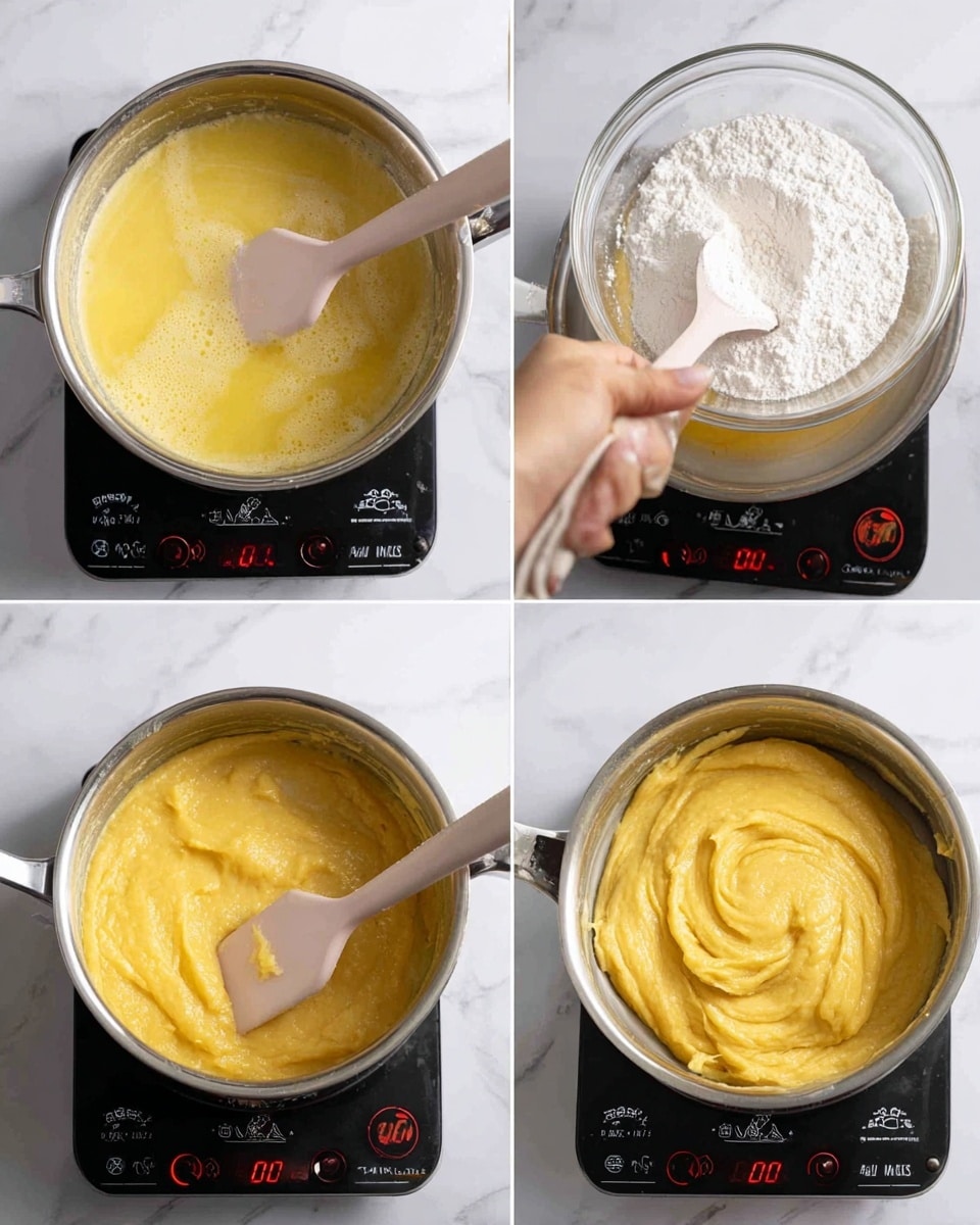 A collage of four images showing the cooking process in a shiny silver saucepan placed on a black electric stovetop with red digital numbers, all on a white marbled background. The first image shows melted yellow butter with a soft texture and a pale pink spatula stirring it. The second image shows a woman's hand holding a clear glass bowl pouring white dry flour into the yellow liquid mixture inside the pan, which is slightly swirling. The third image shows the mixture thickened into a yellow dough texture being stirred by the pale pink spatula, with some scraped sides of the pan visible. The fourth image shows a closer view of the dough being smoothed out in the pan using the spatula, highlighting its soft, thick, and slightly grainy texture. photo taken with an iphone --ar 4:5 --v 7