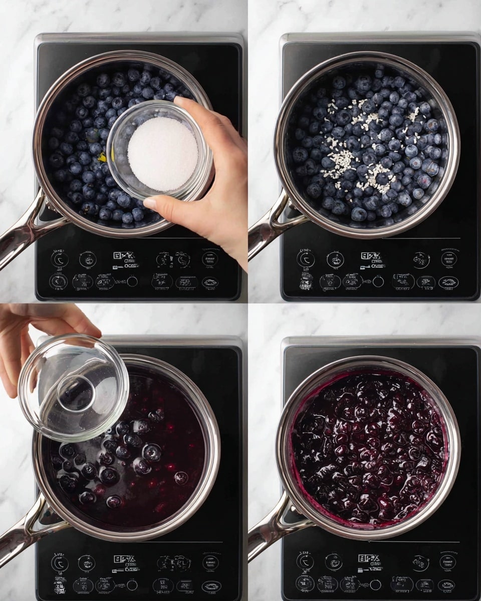 The image shows four stages of making blueberry sauce in a shiny silver pot on a black stovetop with white text controls. In the first stage, a woman's hand holds a small clear bowl filled with white granulated sugar over a pot full of fresh, plump dark blue blueberries. The second stage shows the same pot of blueberries with sugar sprinkled on top and a woman's hand holding a small empty clear bowl above it. In the third stage, the pot of blueberries now has sugar and a small amount of light yellow lemon juice added by a woman's hand holding a small clear bowl. The final fourth stage shows the pot with blueberries cooked down into a thick, deep purple sauce with a shiny, somewhat smooth surface and some whole blueberries still visible. The stove has a shiny silver handle on the pot and the background is a white marbled texture. photo taken with an iphone --ar 4:5 --v 7