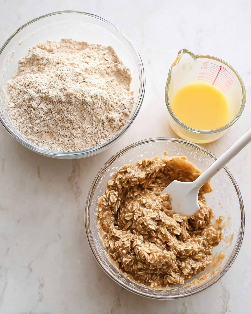 The image shows two glass bowls on a white marbled surface. The left bowl contains a dry mixture of light beige flour and oats, with a white spatula resting inside it, angled slightly towards the right. Behind this bowl is a clear measuring cup with a yellow liquid inside. The right bowl holds a sticky brown oat mixture that looks wet and thick, with the same white spatula partially submerged and angled slightly towards the left, coated with the oatmeal mixture. Both bowls have clear glass walls, showing the texture and color contrast between the dry and wet ingredients. Photo taken with an iphone --ar 4:5 --v 7