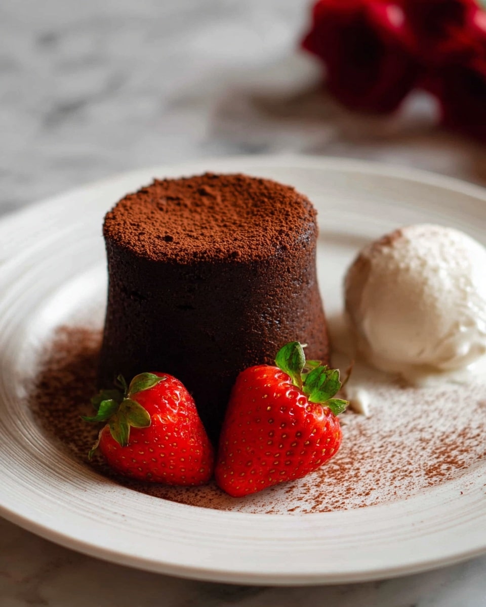 A small, dark brown chocolate cake with a smooth texture stands tall on a white plate with gentle ridges. It has a fine dusting of cocoa powder on top, creating a soft matte finish. Two bright red strawberry halves with visible seeds and green leafy tops rest on the cake and beside it on the plate. Next to the cake is a round scoop of white ice cream, adding contrast to the dark dessert. The surface beneath the plate is a white marbled texture, and the scene is softly lit, highlighting the rich colors and textures. Photo taken with an iphone --ar 4:5 --v 7