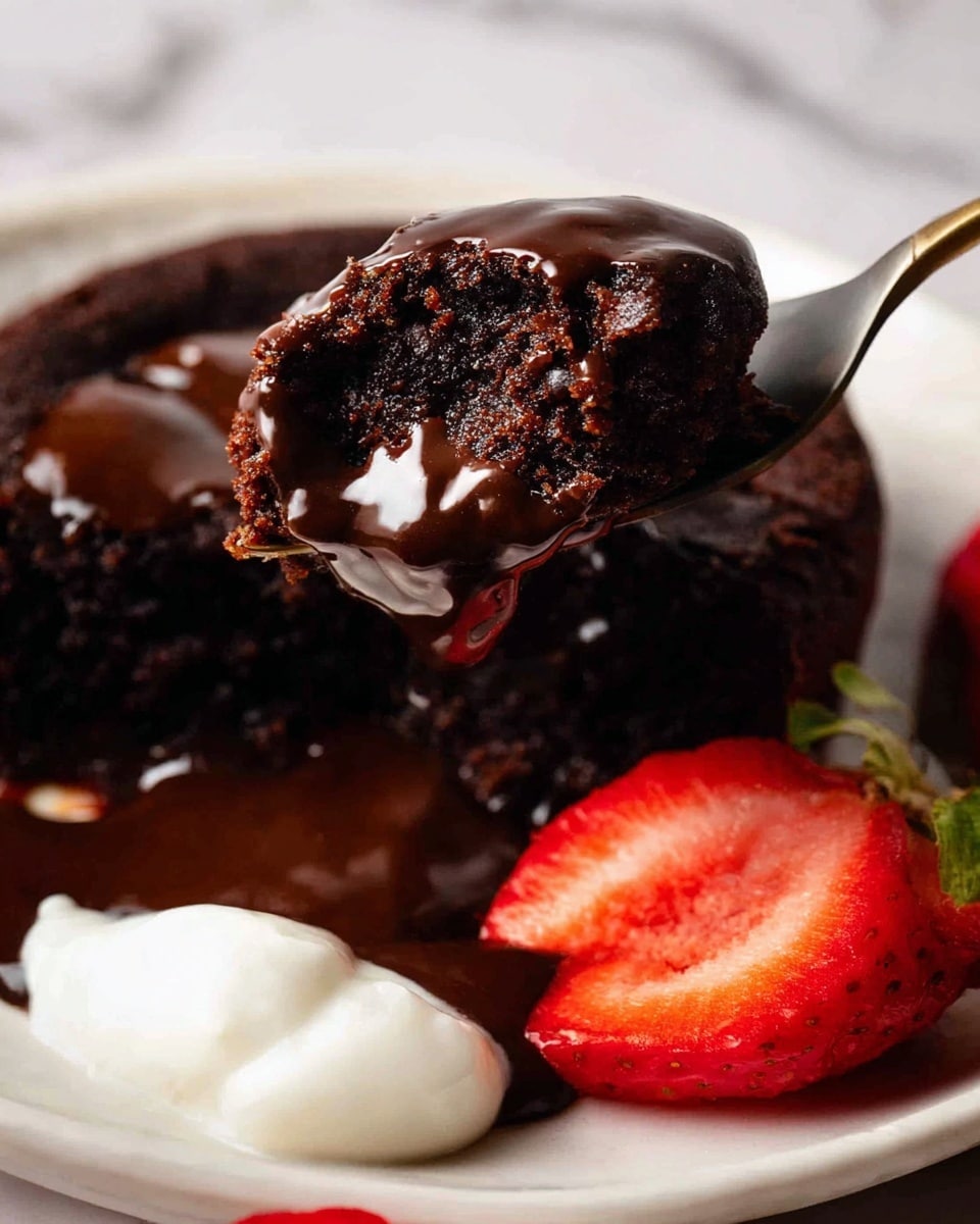 The image shows a close-up of a rich, dark chocolate dessert on a white plate, with a spoon lifting a soft, moist piece from the dessert. The dessert layer looks dense and fudgy with a shiny, thick chocolate sauce covering the top. On the side of the plate, there is a fresh red strawberry sliced in half with visible seeds and green leafy top. A small dollop of white cream or ice cream is also visible next to the dessert. The background and surface are a white marbled texture. Photo taken with an iphone --ar 4:5 --v 7