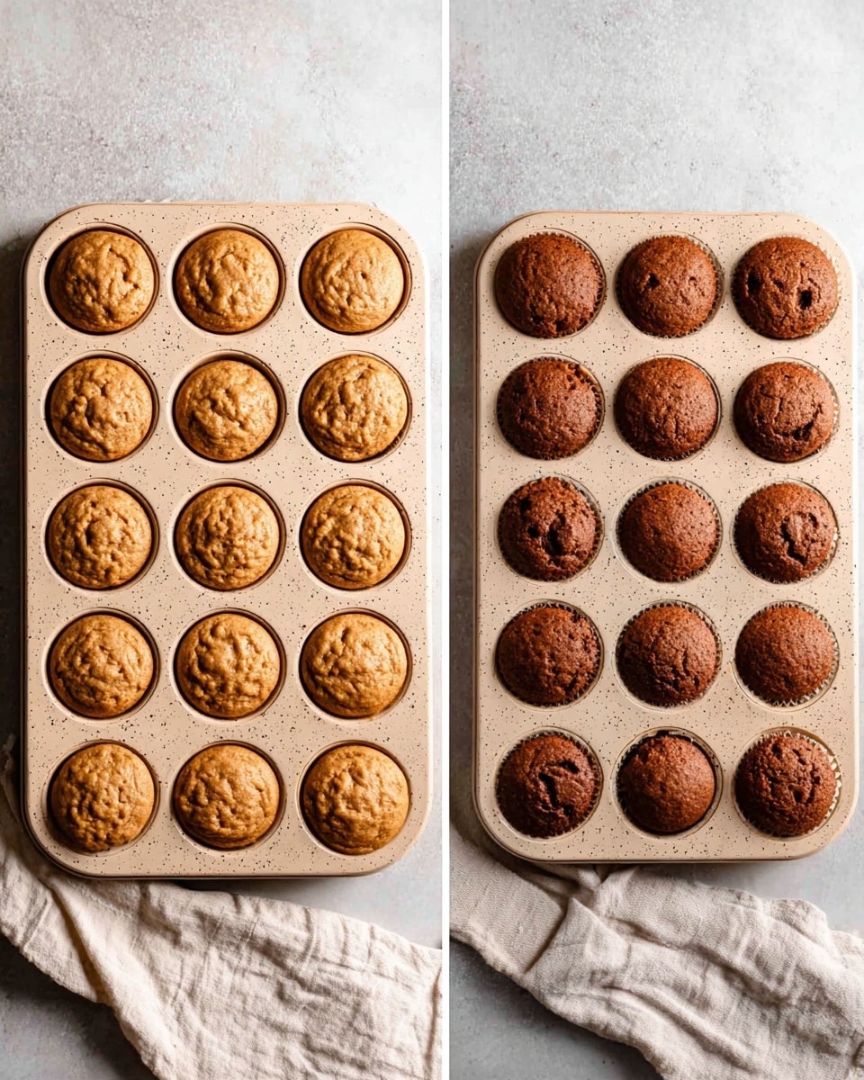 Two muffin trays each with 12 muffins, shown side by side. The left tray has raw muffin batter filled in all 12 slots. The batter is light brown with visible dark spots and a smooth but slightly lumpy texture. The right tray shows the same muffins baked, with a darker brown color all over and round, slightly cracked tops. Both trays are light beige with small speckles, placed on a white marbled surface with a light cloth in the corner. photo taken with an iphone --ar 4:5 --v 7
