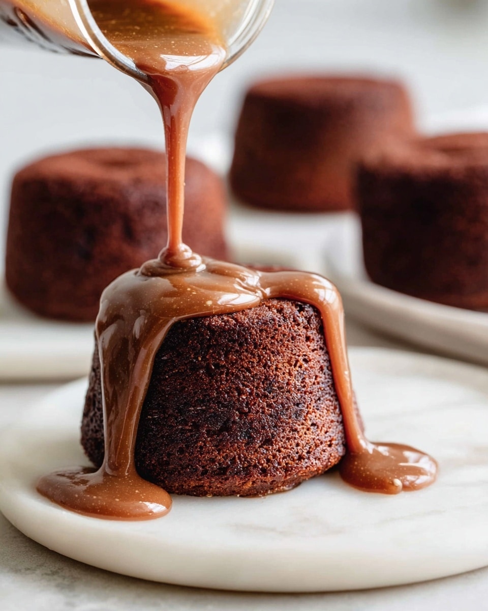 A close-up image shows a small, dark brown cake with a soft texture on a white plate with a white marbled surface underneath. A light brown sauce is being poured from a transparent container, covering the top of the cake and slowly dripping down the sides in thick streams. In the background, there are three more similar cakes, slightly out of focus, creating depth. The overall setting is clean and bright, with a soft light that highlights the moistness of the cake and the glossy texture of the sauce. Photo taken with an iphone --ar 4:5 --v 7