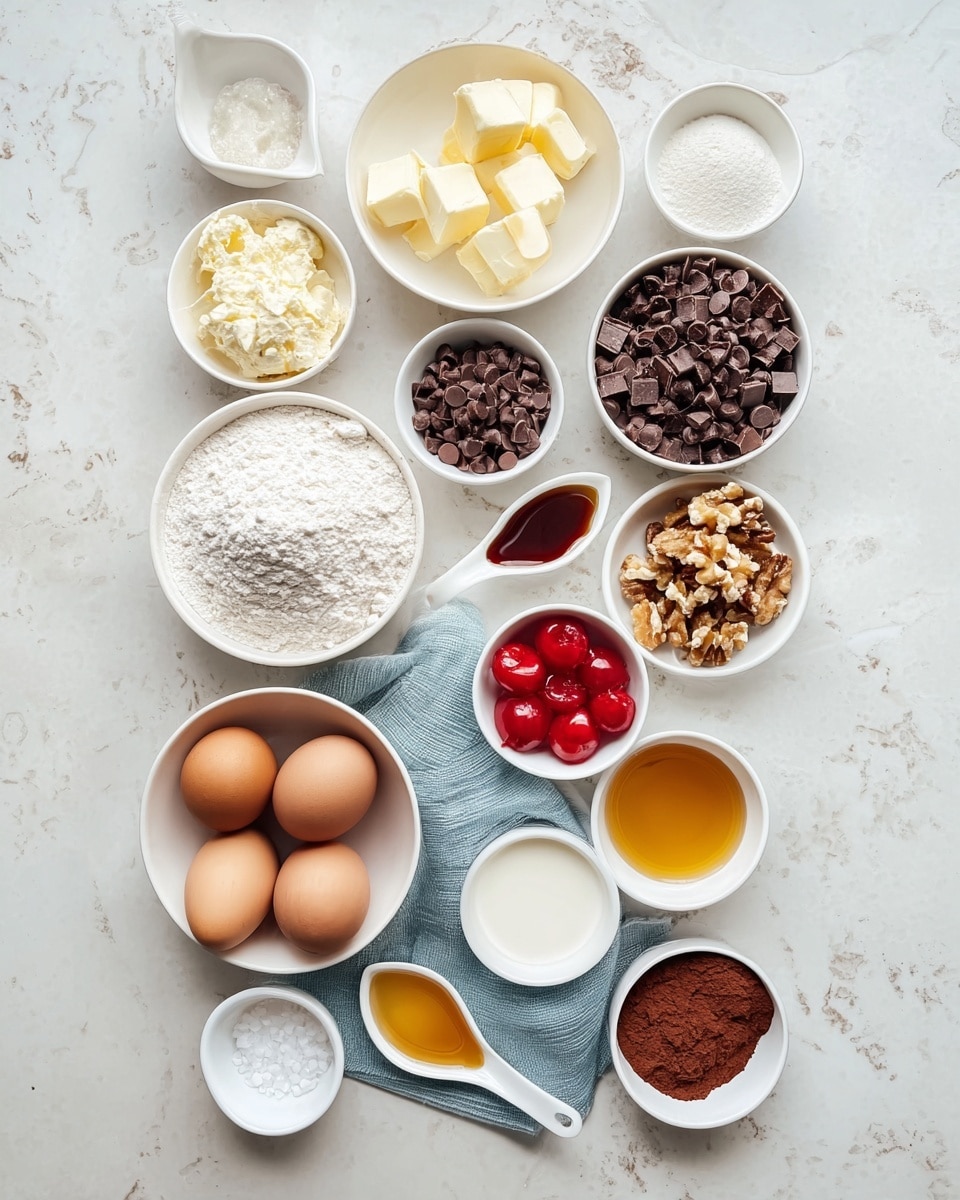 The image shows a flat lay of various baking ingredients arranged in different white bowls and spoons on a white marbled surface. There are several layers of items: at the top, small white bowls hold white cubed butter and a clear liquid. Below them, small white bowls contain dark chocolate chips, chopped walnuts, and chopped milk chocolate, arranged in a neat cluster. A large white bowl with white powder, likely flour, is near the top left. In the middle, there are three brown eggs in a white bowl, surrounded by small white spoons holding baking powder, vanilla extract, bright red cherries, and an amber liquid. A light blue cloth is partly visible under some bowls. At the bottom, smaller white bowls and spoons hold butter pats, cocoa powder, sugar, cream, chocolate chips, honey, and white sugar crystals. The setup is clean, organized, and brightly lit. Photo taken with an iphone --ar 4:5 --v 7