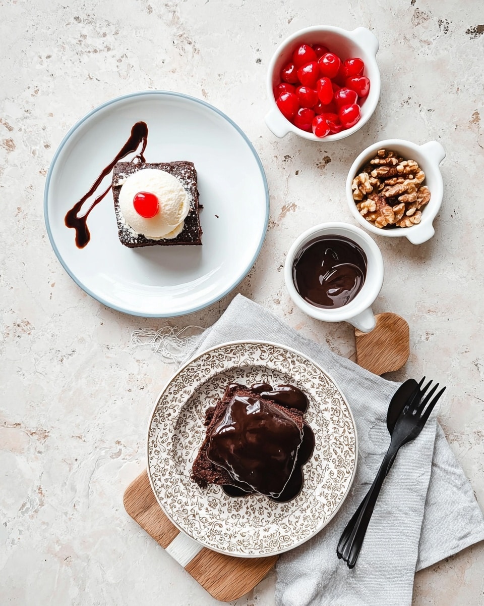The image shows two plates of chocolate cake on a white marbled surface. The first plate, white with a subtle blue rim, holds a single square piece of chocolate cake topped with a scoop of vanilla ice cream and a bright red cherry, with a small drizzle of chocolate sauce artistically placed on the side. The second plate has a detailed beige and gray pattern and holds a larger chocolate cake slice covered in glossy chocolate sauce that is slightly dripping over the edges. Nearby, there are two small white bowls: one filled with bright red cherries and the other with walnut pieces, both placed on light gray cloth napkins over wooden boards; another small white bowl holds dark chocolate sauce with a black spoon inside. A black fork rests on one of the napkins. The whole setting is clean and bright, with soft natural lighting. photo taken with an iphone --ar 4:5 --v 7