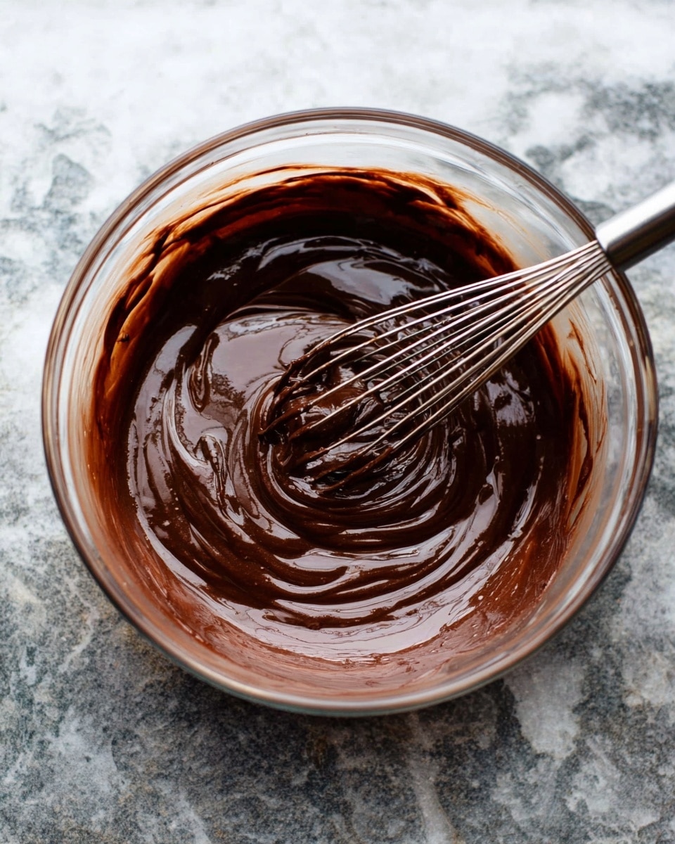 A clear glass bowl sits on a white marbled surface filled with smooth, dark brown chocolate batter that has a glossy texture. The batter covers the bottom and part of the sides of the bowl, showing swirls made by a metal whisk, which rests inside the bowl with some batter clinging to its wires. Photo taken with an iphone --ar 4:5 --v 7
