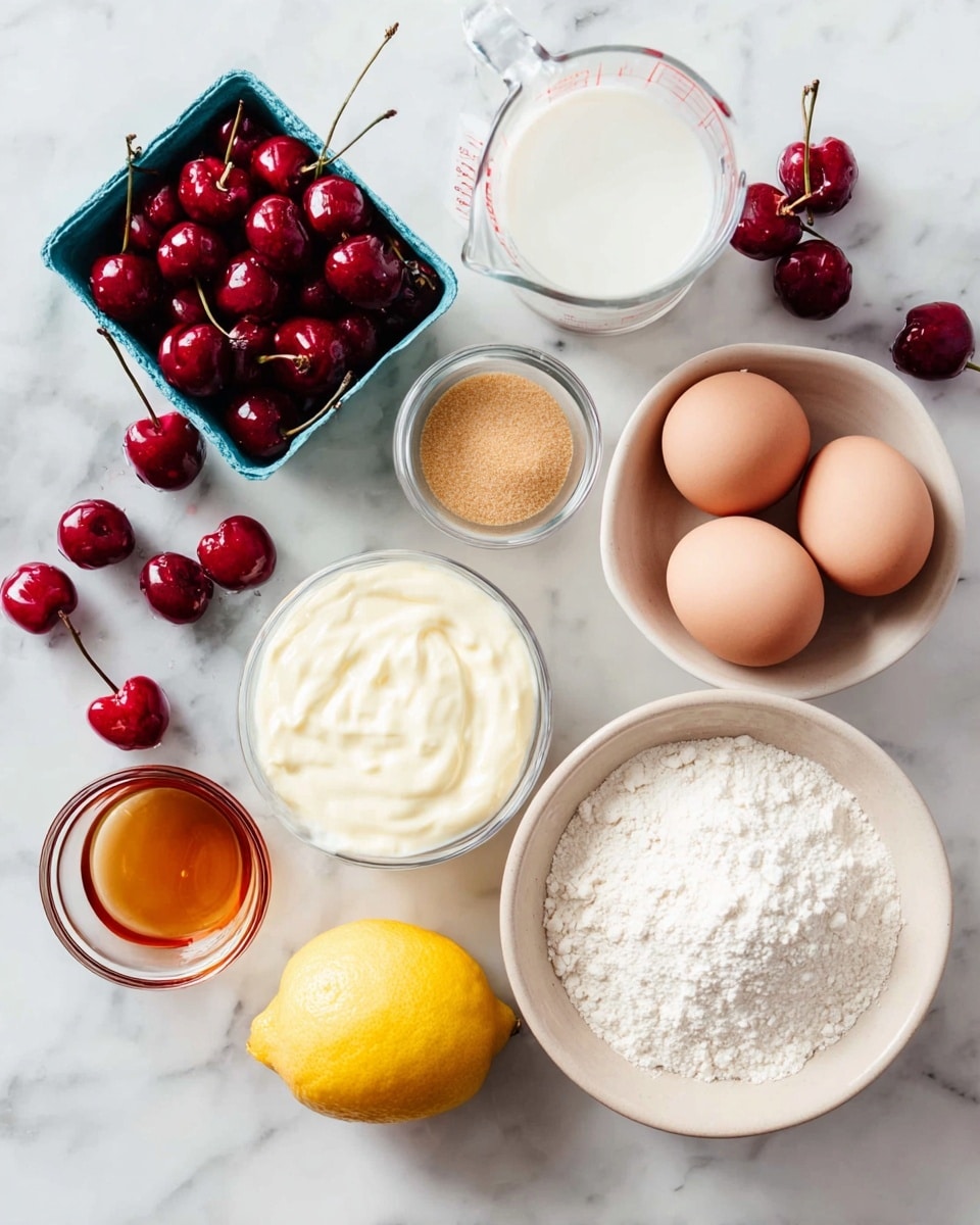 The image shows a top view of baking ingredients arranged neatly on a white marbled surface. In the top left corner, there is a small blue container filled with shiny red cherries, with additional cherries scattered to the left and below it. To the right of the cherries, there is a clear glass measuring cup filled with milk. Below that, a small white bowl contains thick white cream or yogurt. To the right are three light brown eggs placed close together. Below the bowl of cream, there is a small beige bowl filled with light brown sugar, and to its right is a metal measuring cup filled with white flour. At the bottom, a whole bright yellow lemon sits next to a small clear bowl of melted butter. In the lower left corner, a small round glass with amber liquid, likely vanilla extract, completes the arrangement. photo taken with an iphone --ar 4:5 --v 7