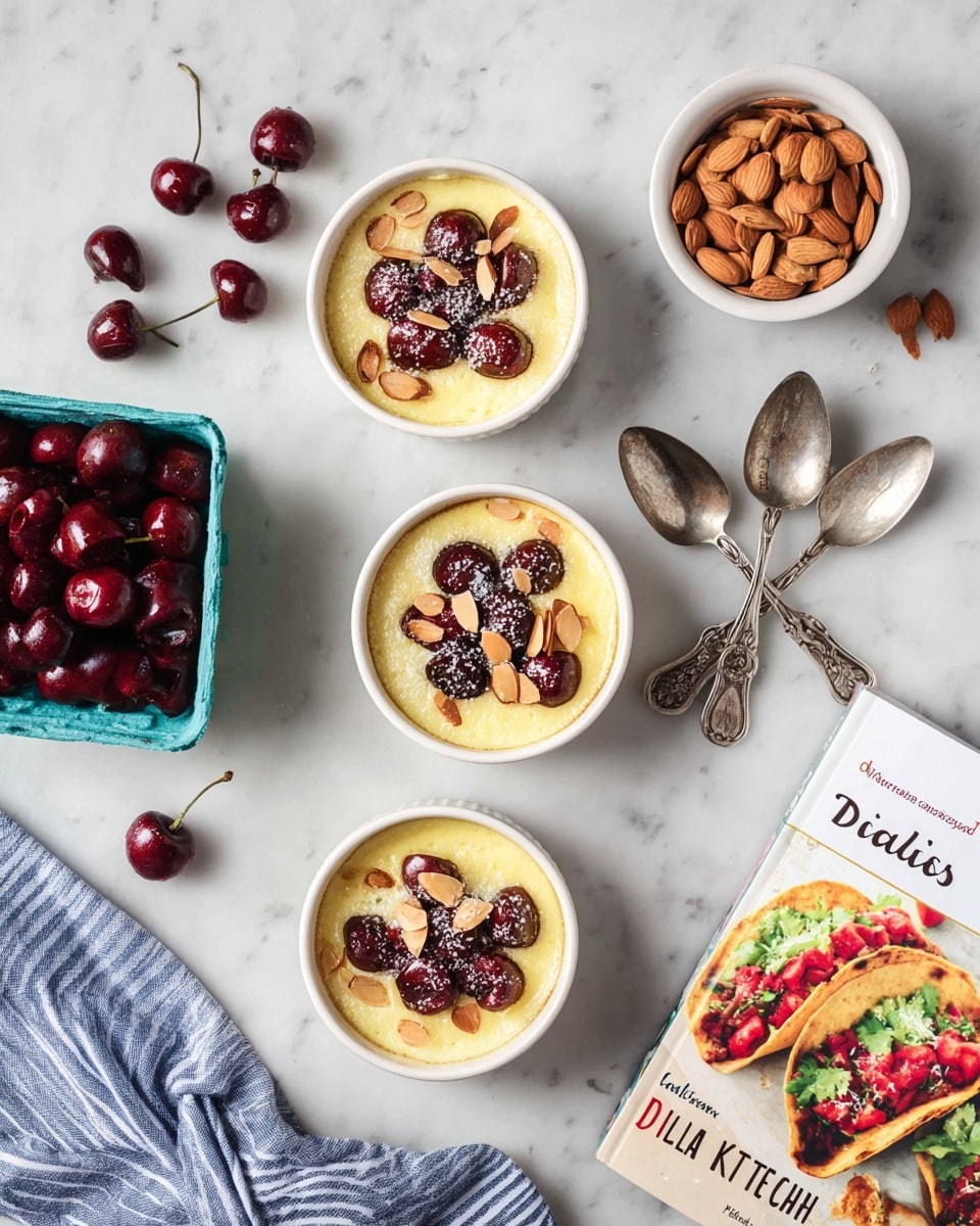 The image shows three white ramekins arranged vertically on a white marbled surface, each filled with a creamy yellow dessert topped with a layer of dark red cherries and light brown almond slices, sprinkled lightly with sugar. To the left, there is a small turquoise container filled with extra dark red cherries, with more loose cherries scattered around it. At the top right, a small white bowl holds additional almond slices. Two vintage silver spoons overlap to the right of the ramekins. A striped blue and white cloth rests in the lower left corner. At the bottom right, a cookbook titled