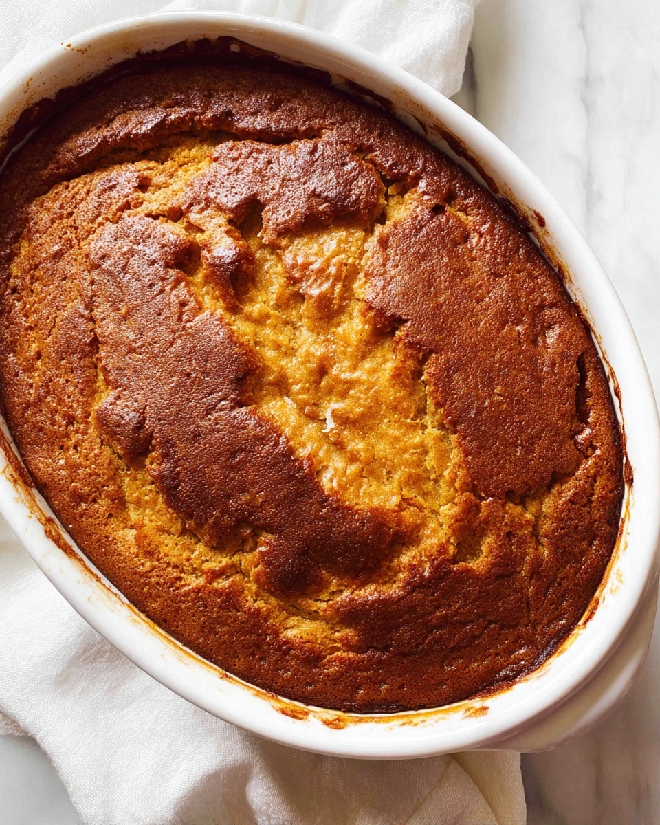 A close-up top view of a golden brown baked dish with a cracked and uneven crust in a white oval baking dish. The surface shows a mix of darker and lighter golden shades with a rough texture, indicating a soft and moist inside. The dish rests on a white marbled surface, with a white cloth partially visible under the baking dish. Some baked bits stick slightly to the edges of the dish, adding a rustic feel. photo taken with an iphone --ar 4:5 --v 7