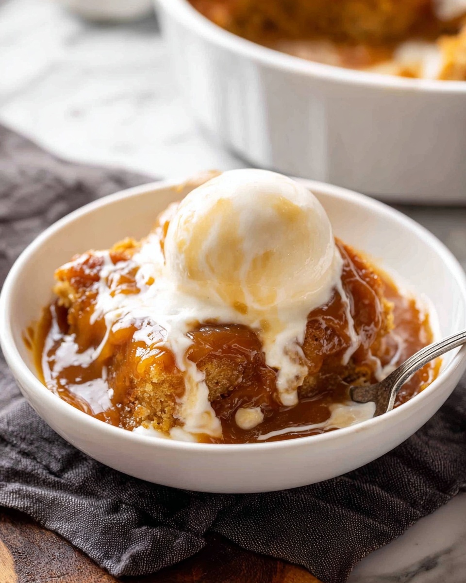 A white bowl holds a dessert with three visible layers: at the bottom is a moist, golden-brown cake layer with a slightly rough texture, topped by a thick, shiny caramel sauce that spreads over and around the cake, and on top sits a smooth, round scoop of creamy white ice cream that is starting to melt slightly, creating soft white streaks mixing with the caramel. A silver spoon rests inside the bowl at the front, and the bowl is set on a dark cloth on a white marbled surface. In the background, there is a white serving dish with more of the same dessert inside. Photo taken with an iphone --ar 4:5 --v 7