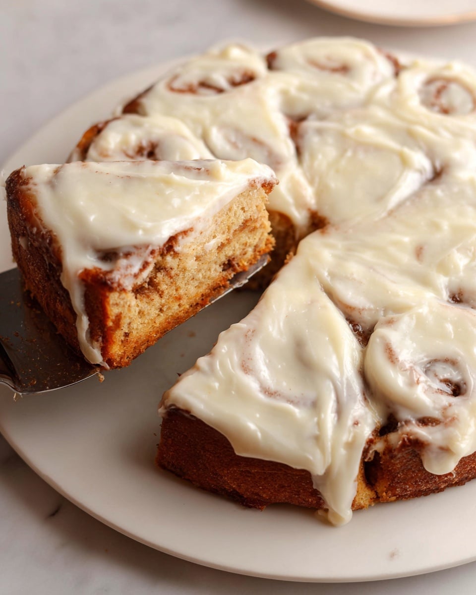 A close-up view of a cinnamon roll cake with one slice being lifted on a cake server. The cake has two main layers: the base is a golden brown baked dough with visible swirls of cinnamon, and the top layer is a thick, smooth white cream cheese icing covering the entire surface. The icing looks soft and slightly shiny, dripping slightly over the edges of the cake. The cake sits on a white plate placed on a white marbled surface. Photo taken with an iphone --ar 4:5 --v 7