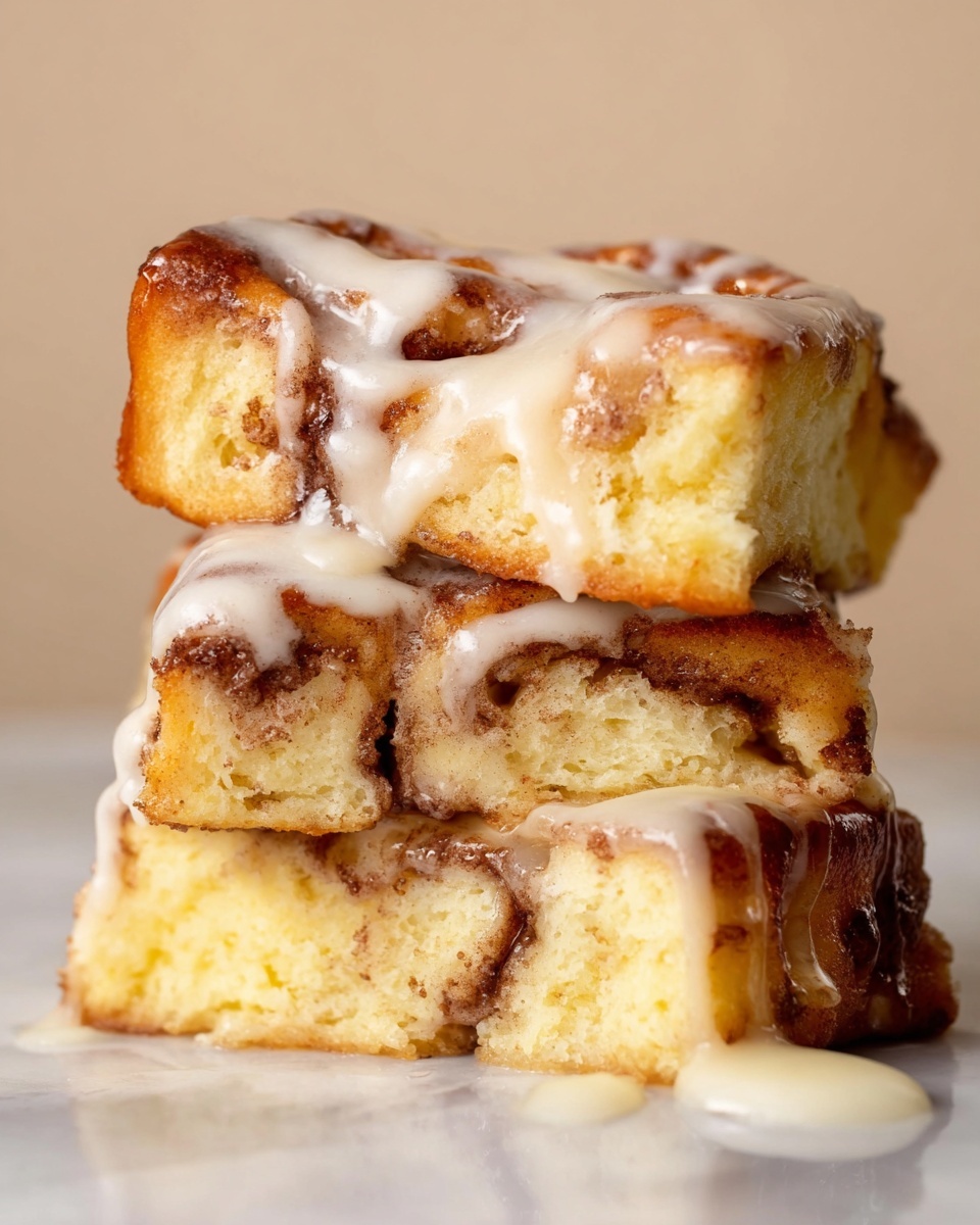 Three thick pieces of cinnamon roll are stacked on top of each other, showing soft, fluffy texture inside with swirls of brown cinnamon sugar running through each layer. A creamy white glaze drips down the sides and between the layers, giving a shiny, sticky look. The cinnamon rolls have a golden brown crust on the edges and a light yellow interior. The stack sits on a white marbled surface with a smooth background. photo taken with an iphone --ar 4:5 --v 7