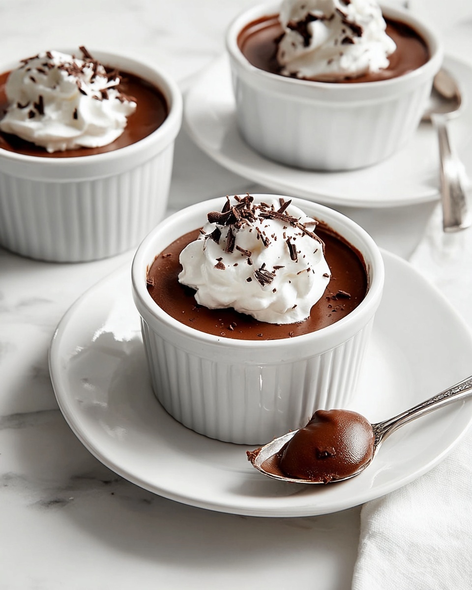 Three white ramekins are filled with smooth, dark brown chocolate pudding, each topped with a dollop of white whipped cream sprinkled with small dark chocolate shavings. One ramekin is placed on a white plate, and in front of it is a silver spoon resting on the plate, holding a scoop of the pudding and whipped cream. The pudding has a creamy texture, and the whipped cream looks light and fluffy. The setting is on a white marbled surface, giving a clean and bright look. photo taken with an iphone --ar 4:5 --v 7