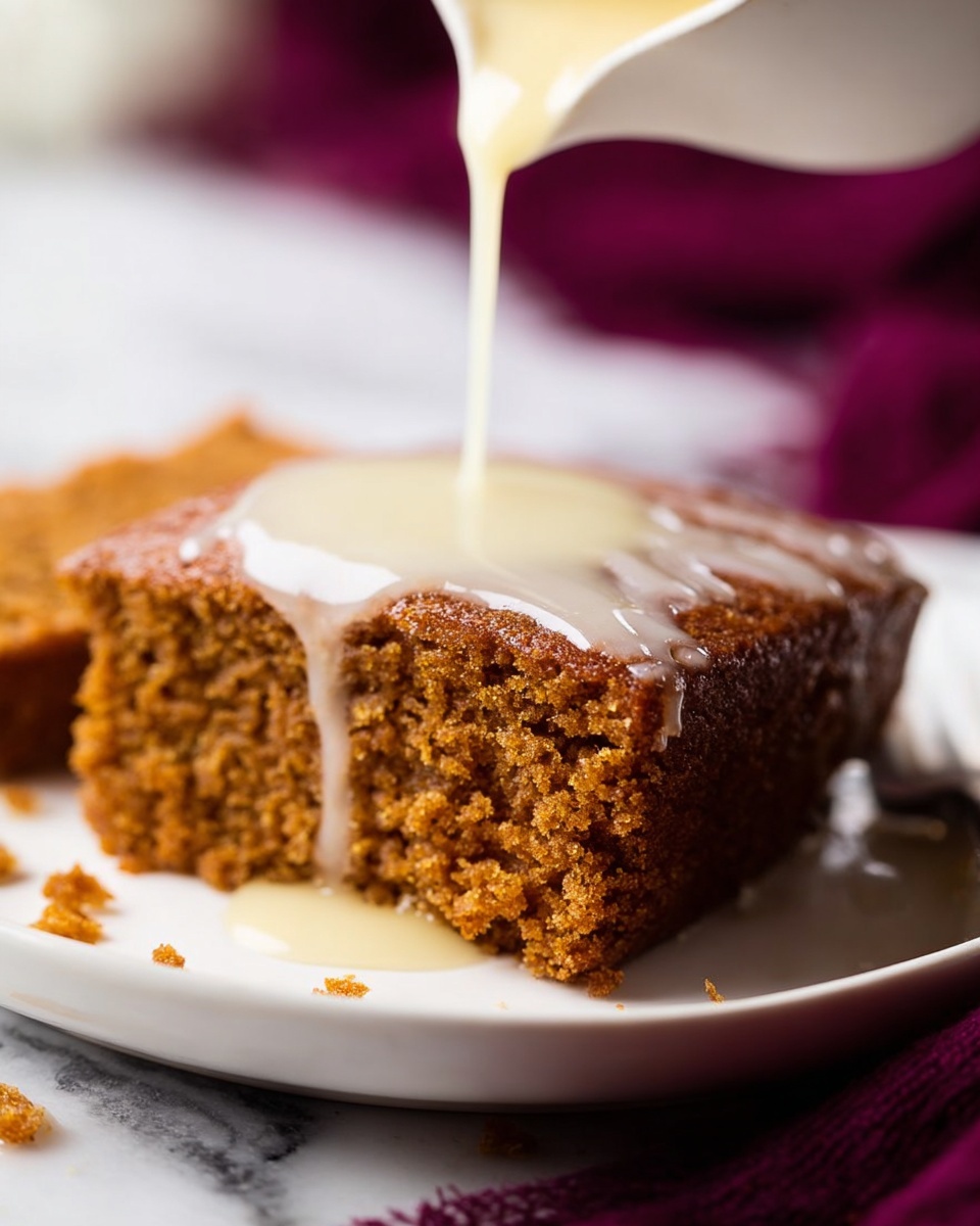 A single piece of moist, brown cake with a rough and slightly crumbly texture sits on a white plate, showing small air pockets inside. A light-colored, creamy liquid is being poured slowly from above onto the flat top center of the cake, creating a small pool that contrasts with the darker cake. The plate is on a white marbled surface with a dark purple cloth partially visible underneath. Photo taken with an iphone --ar 4:5 --v 7