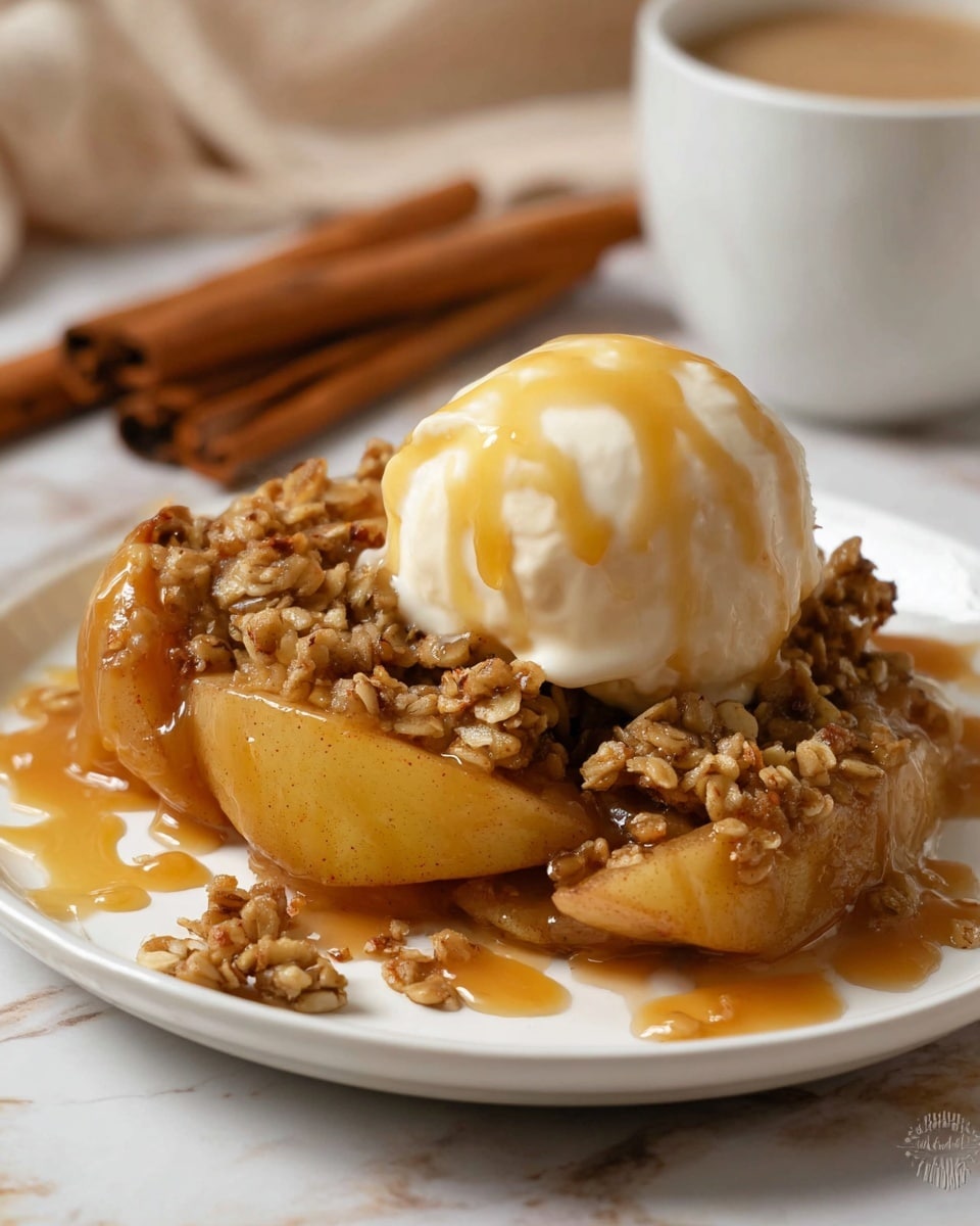 The image shows a white plate with baked apple slices topped with a thick layer of nut and oat crumble that is golden brown and textured with small chunks. On top of the crumble is a smooth, round scoop of white ice cream, drizzled with light golden caramel sauce flowing softly down the sides and some crumb bits sticking to it. The apples have a soft, warm yellow color with a slight reddish tint on the edges. In the background, there are two cinnamon sticks lying on a white marbled surface and a white cup with a light brown drink inside. The overall setting is warm and cozy, lit softly to highlight the creamy and crunchy textures. Photo taken with an iphone --ar 4:5 --v 7