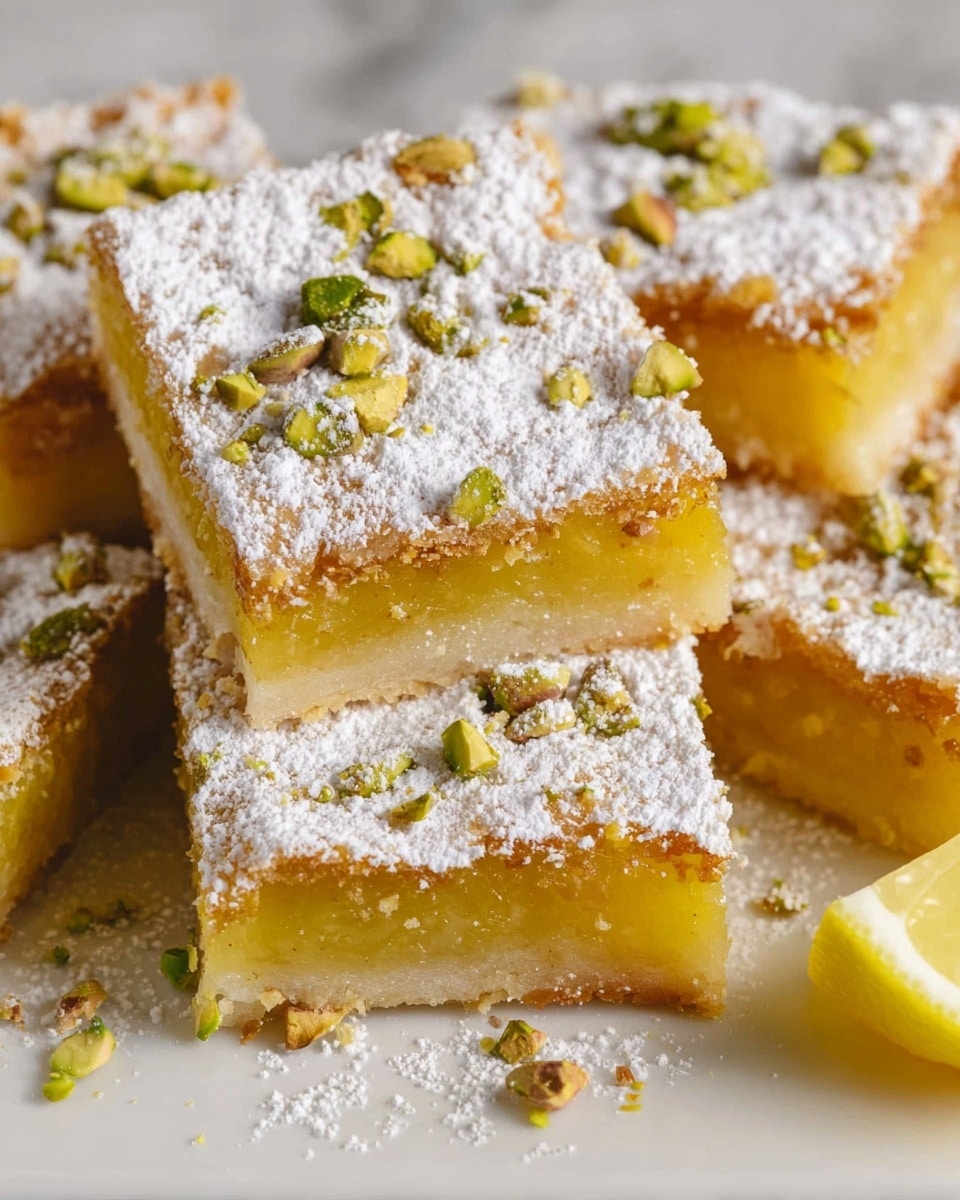 The image shows several square lemon bars arranged closely together on a white plate, placed over a white marbled surface. Each lemon bar has three visible layers: a thick, light golden crust at the bottom, a dense, bright yellow lemon filling in the middle, and a dusting of white powdered sugar on top. Small pieces of green pistachios are scattered across the powdered sugar layer and around the lemon bars on the plate. In the lower right corner of the image, there is a small wedge of fresh lemon, adding a touch of yellow to the composition. Photo taken with an iphone --ar 4:5 --v 7