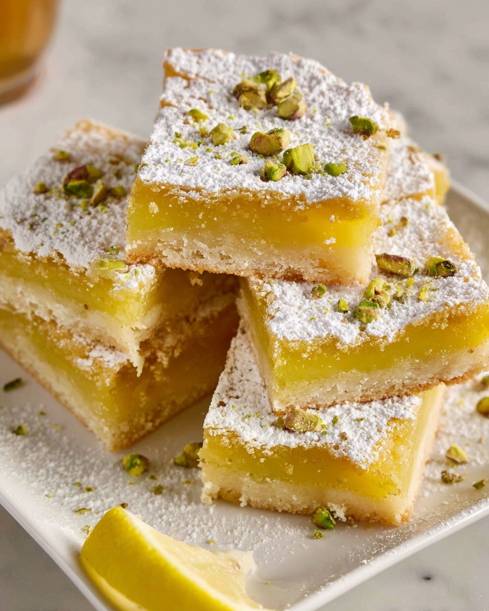 The image shows six square lemon bars arranged on a white plate sitting on a white marbled surface, each bar having two clear layers: a light golden crumbly base at the bottom, and a bright yellow lemon filling in the middle. The top layer is covered with a dusting of white powdered sugar, scattered with small bits of green pistachio nuts. Some bars are stacked slightly on top of each other, showing the thick lemon filling inside. A small slice of lemon is visible at the edge of the plate. Photo taken with an iphone --ar 4:5 --v 7