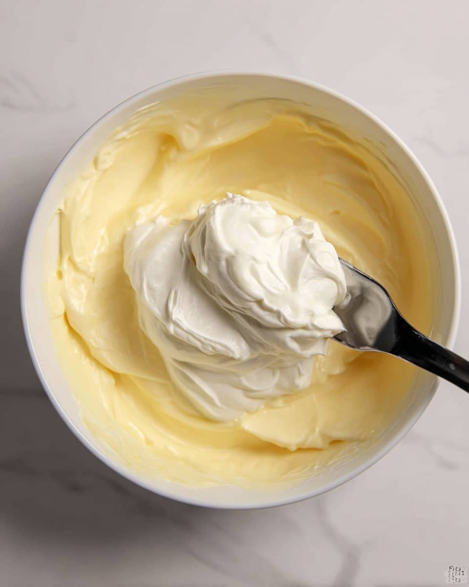 A white bowl filled with a smooth pale yellow creamy mixture as the bottom layer, topped with a dollop of thick white whipped cream sitting in the center. A black spoon is partially dipped into the mixture, lifting some whipped cream. The bowl rests on a white marbled surface. photo taken with an iphone --ar 4:5 --v 7