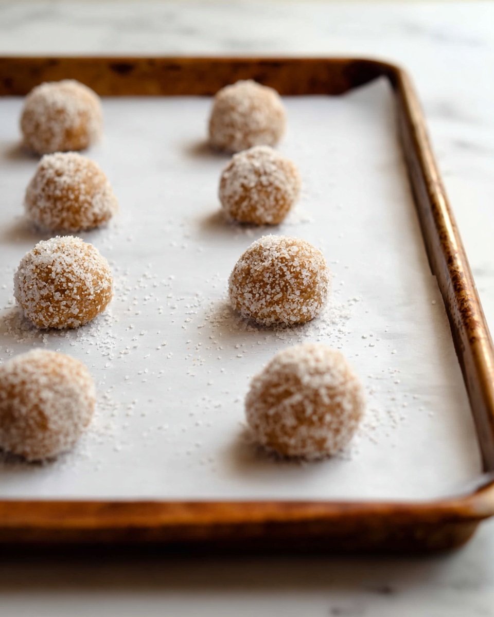 The image shows a baking tray lined with white parchment paper on a white marbled surface. On the tray, there are nine evenly spaced cookie dough balls arranged in three rows of three. Each dough ball is coated with coarse sugar, giving them a rough texture with white granules covering the light brown dough underneath. The tray edges are slightly rusted, adding a rustic feel to the scene. The background is softly blurred, keeping focus on the sugar-coated dough balls. photo taken with an iphone --ar 4:5 --v 7