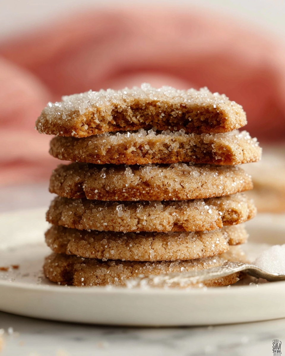 A stack of five soft, thin cookies with a light brown color sits on a white plate on a white marbled surface. Each cookie shows a slightly crumbly texture, with the top cookie revealing its inside that looks moist and chewy. Sparkling sugar crystals are evenly sprinkled all over the top of each cookie, adding a slight shine. In the foreground, some sugar crystals spill onto the plate, and a spoon with more sugar rests nearby. The background is softly blurred with a hint of a pink cloth. Photo taken with an iphone --ar 4:5 --v 7