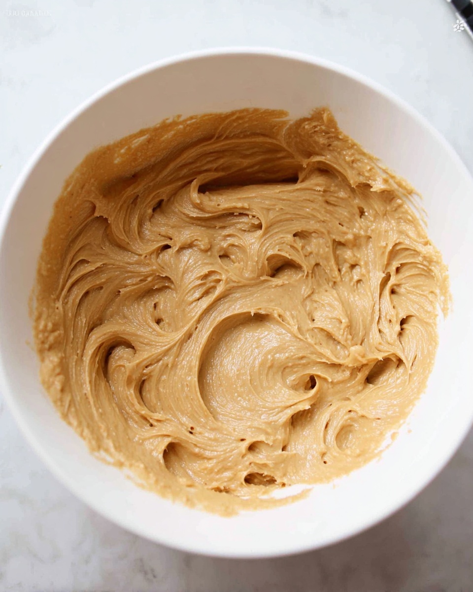 The image shows a white bowl filled with a creamy, light brown mixture that has a thick and smooth texture, swirled evenly around the inside of the bowl. The surface of the mixture has various ridges and soft peaks, showing a fluffy and well-mixed consistency. The bowl is placed on a white marbled surface, and no other items or hands are visible in the frame. photo taken with an iphone --ar 4:5 --v 7