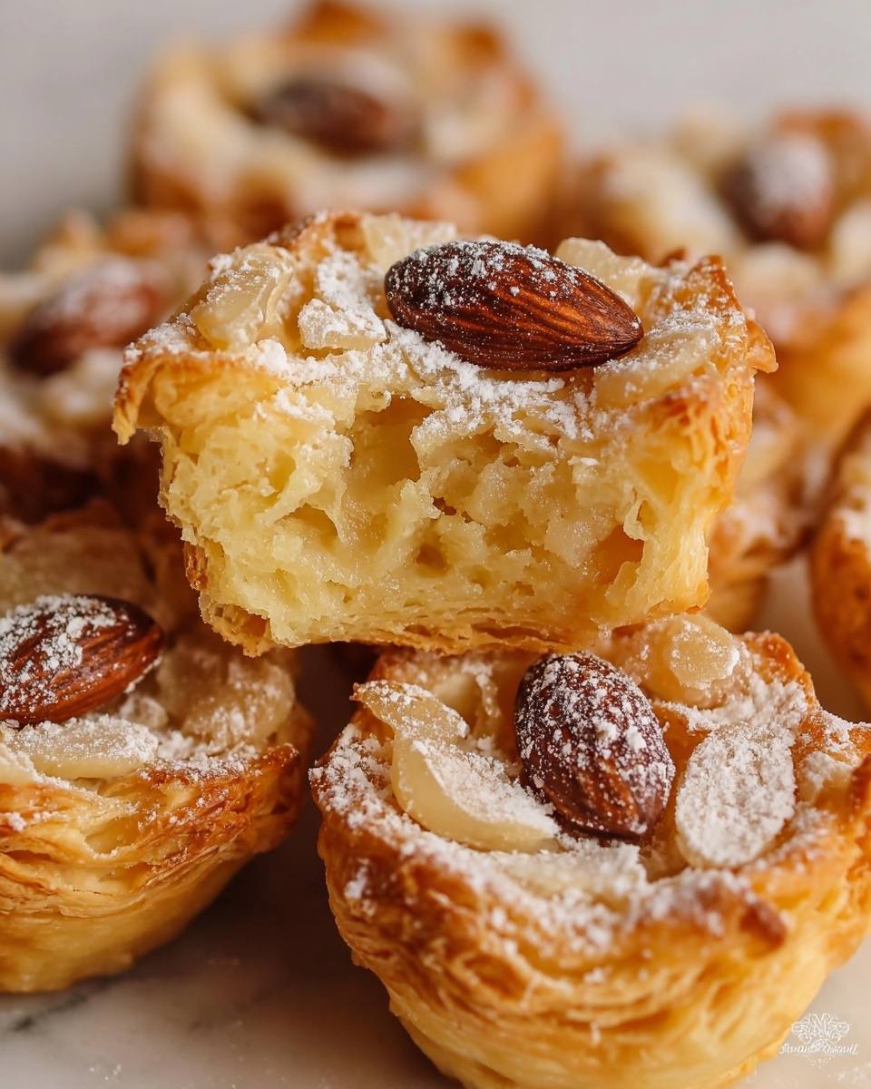 The image shows small pastries with a flaky, light golden crust as the base layer, which appears thin and crisp with visible air pockets. The next layer is a dense, crumbly filling in a pale yellow color that sits inside the crust. On top, there are whole, dark brown almonds placed in the center of each pastry, surrounded by a crumbly, light tan topping. A light dusting of white powdered sugar is sprinkled over the entire pastry, adding a soft texture. The pastries are arranged closely on a white marbled surface. photo taken with an iphone --ar 4:5 --v 7