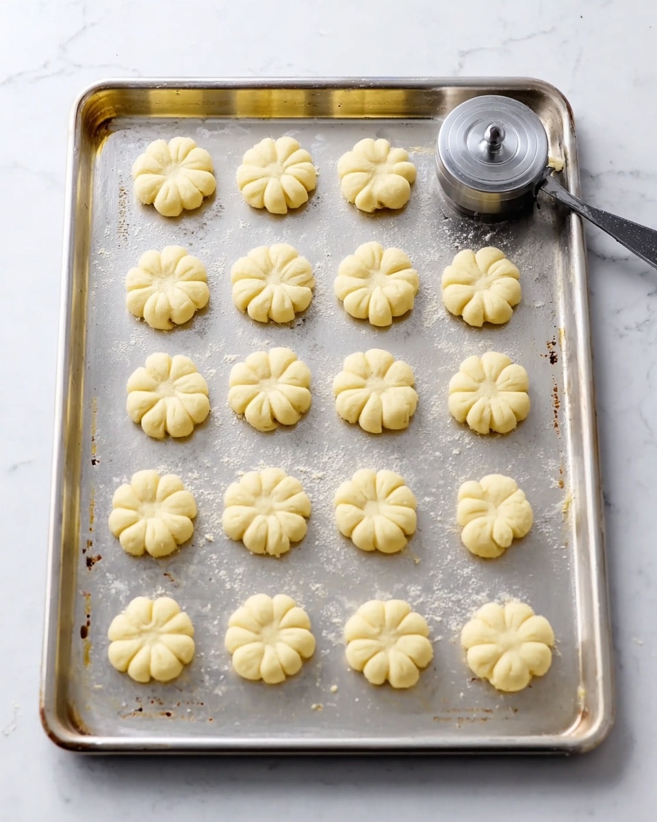 The image shows a metal baking sheet holding 20 small dough pieces shaped like flowers in four neat rows. Each flower-shaped dough piece has eight rounded petals with a smooth and creamy pale yellow texture. The dough flowers are evenly spaced on the tray, which looks slightly used with some marks and stains. On the top right corner of the tray, there is a metal tool with a round base, used for shaping the dough. The tray is placed on a white marbled surface. photo taken with an iphone --ar 4:5 --v 7
