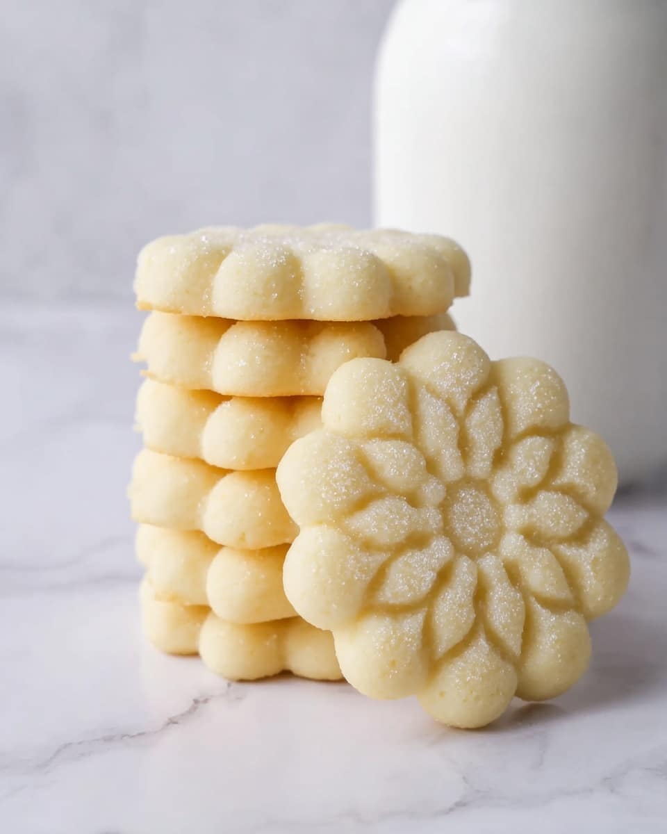There is a stack of six pale yellow flower-shaped cookies with detailed petal patterns, each cookie showing a slightly soft texture with a dusting of white sugar crystals on top. One cookie is leaning against the stack, fully visible, showing a delicate, rounded petal design. Behind the cookies, there is a simple white container with a smooth surface. All items are placed on a white marbled texture surface. photo taken with an iphone --ar 4:5 --v 7