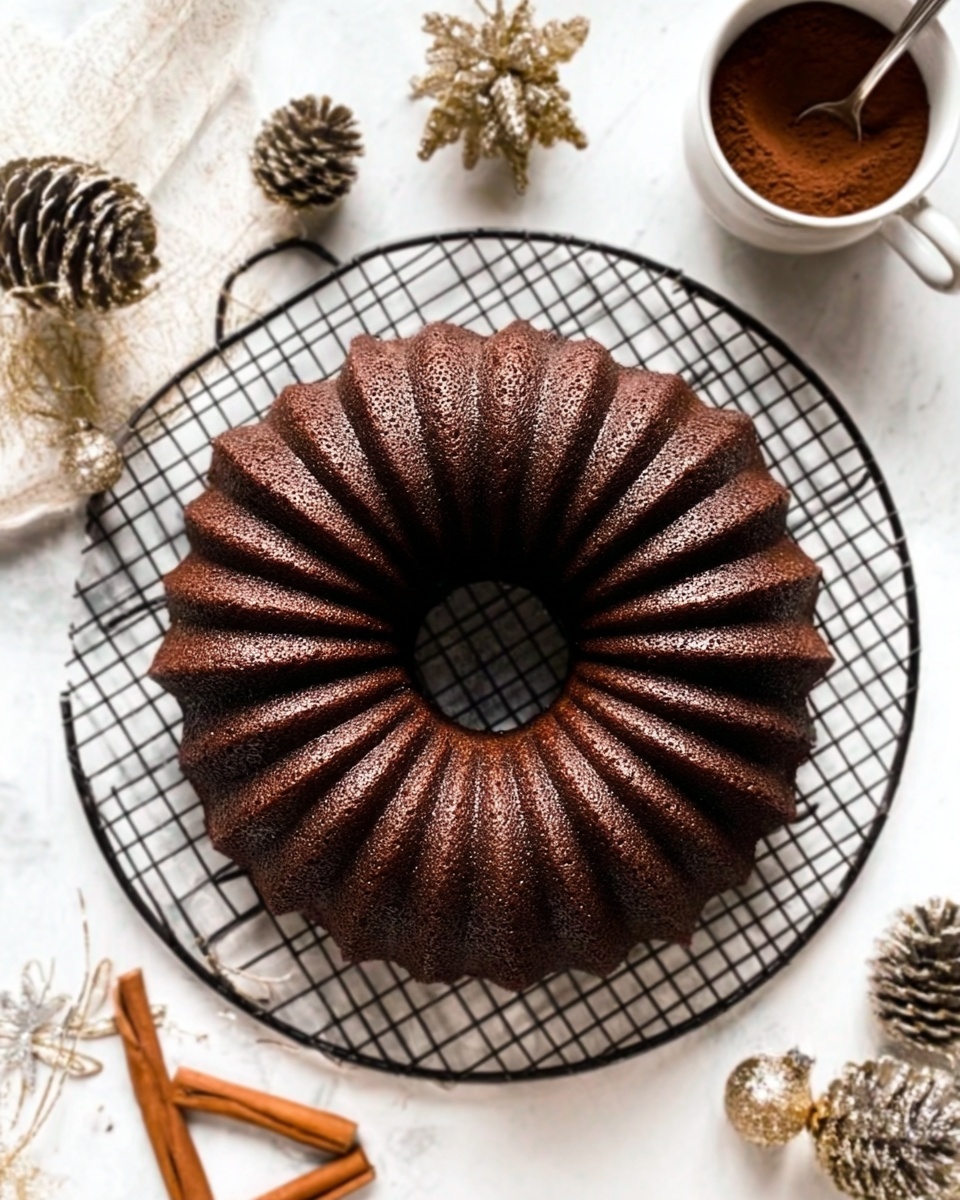A dark brown Bundt cake with deep ridges and a smooth texture sits centered on a black wire cooling rack. The cake has a shiny surface, showing a well-baked finish with a slight texture on the top. Around the cake, there are pine cones painted in gold and silver, placed on a white marbled background. To the top right, a white cup holds a dark brown powder, likely cocoa, with a silver spoon inside, next to two cinnamon sticks. The scene is bright and clean, giving a cozy, festive feel. Photo taken with an iphone --ar 4:5 --v 7