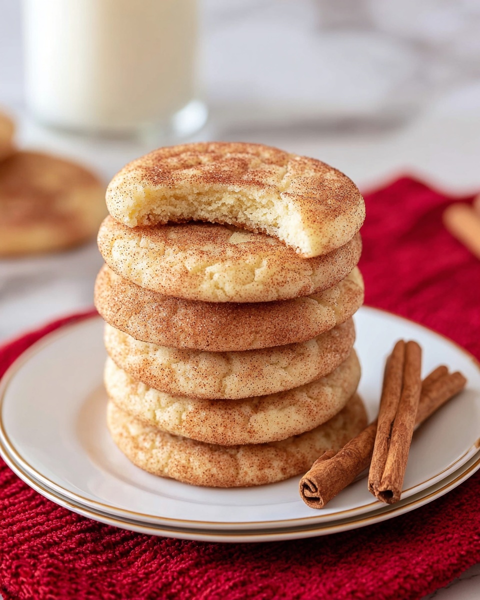 A stack of five round cookies sits in the center of a white plate with a thin gold rim, resting on a red textured cloth on a white marbled surface. The cookies are golden brown with a cracked pattern on top and are dusted with cinnamon sugar. The top cookie has a bite taken out, showing a soft, light inside. To the right of the stack, three cinnamon sticks lean against the plate. In the background, a blurred glass of milk is visible. Photo taken with an iphone --ar 4:5 --v 7