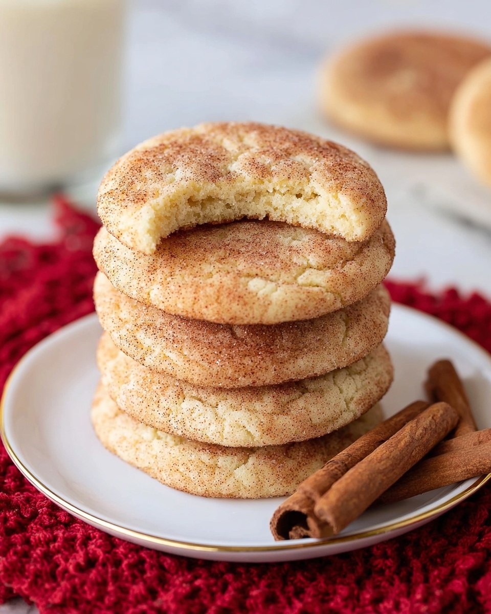 A stack of five round cinnamon sugar cookies with a crackled top is placed in the center of a white plate with a thin gold rim; the top cookie has a bite taken out of it showing its soft, light inside. To the right side on the plate, there are three cinnamon sticks lying parallel to each other. The plate sits on a red textured cloth, all set against a white marbled surface, with a blurred glass of milk and another cookie in the soft background. The cookies are golden with a speckled cinnamon sugar coating. Photo taken with an iphone --ar 4:5 --v 7