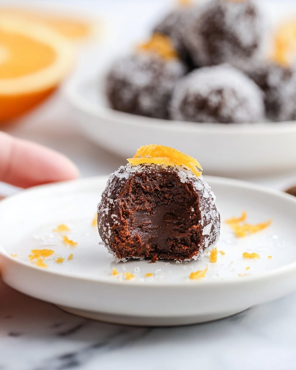 A single chocolate truffle with two visible layers sits on a white plate; the outer layer is dark brown, covered in granulated sugar giving it a slightly rough texture, and the inside is a smooth, denser dark chocolate center. Small bright orange zest pieces are scattered on the plate around the truffle and a small piece of orange peel is tucked on top of the truffle, standing out with its vibrant color. In the blurred background, there are more truffles resting on another white plate against a white marbled surface. Photo taken with an iphone --ar 4:5 --v 7