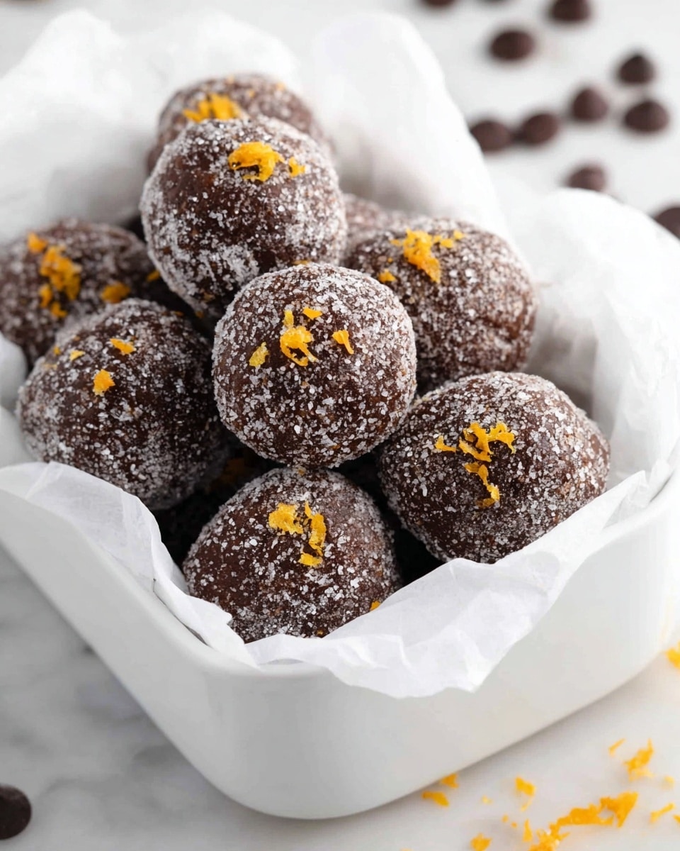 A white rectangular dish filled with about ten round dark brown balls, each covered in a fine layer of white sugar giving a slightly rough texture, and topped with small bright orange zest pieces. The dish is lined with white parchment paper that peeks out on the left side. A few scattered dark brown chocolate chips sit blurred in the white marbled background on the upper right. Some orange zest bits are also spread near the dish on the bottom right. Photo taken with an iphone --ar 4:5 --v 7