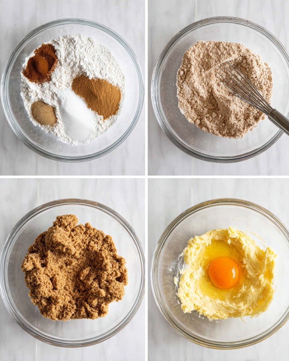 Four images show steps of mixing baking ingredients in clear glass bowls placed on a white marbled surface. The first image has white flour topped with brown sugar, cinnamon, and baking soda powders in separate piles. The second image shows these dry ingredients fully mixed into a light brown, powdery mix with a silver whisk inside the bowl. The third image has softened yellow butter with brown sugar on top in the bowl, side by side but not mixed. The fourth image shows the brown sugar and butter creamed together with a bright orange egg yolk added in the center, partially mixed on the sides with the yolk sitting clearly on top. photo taken with an iphone --ar 4:5 --v 7