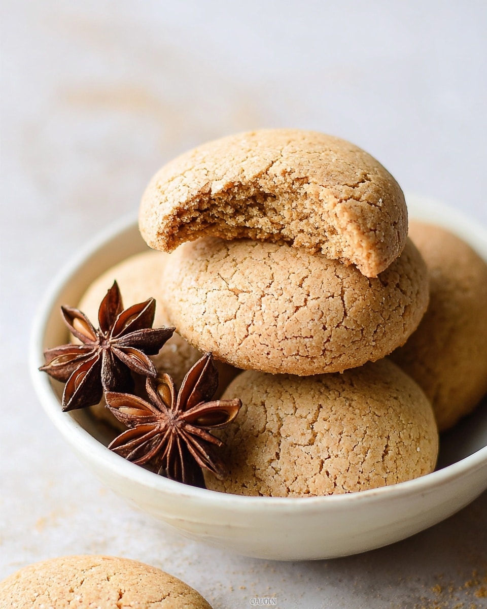 A close-up of a small stack of round, light brown cookies with a cracked texture, placed in a white bowl. The top cookie is broken, showing a soft, crumbly inside. Next to the cookies, there is a decorative star anise with a rich brown color and a star shape. The background has a white marbled texture with soft lighting, highlighting the texture and color of the cookies. photo taken with an iphone --ar 4:5 --v 7