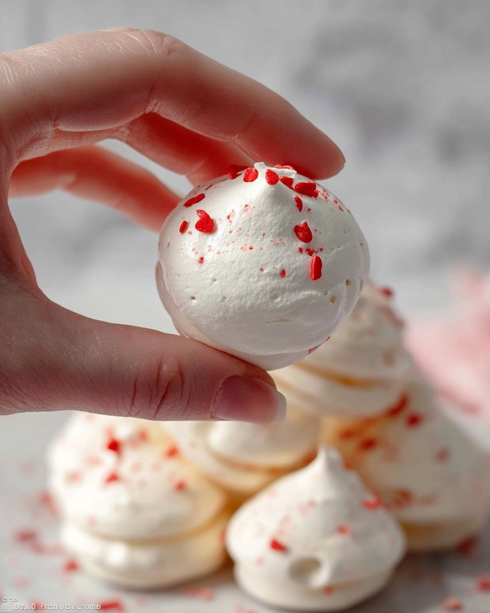 A close-up shows a woman's hand holding a small, round white meringue with a smooth surface and a few cracks. The meringue is decorated with small pieces of red candy on top. Below the meringue held, several similar white meringues with red candy bits sit stacked, showing a slightly rough texture and some air holes. The background has a soft, blurred look with a white marbled texture surface. photo taken with an iphone --ar 4:5 --v 7