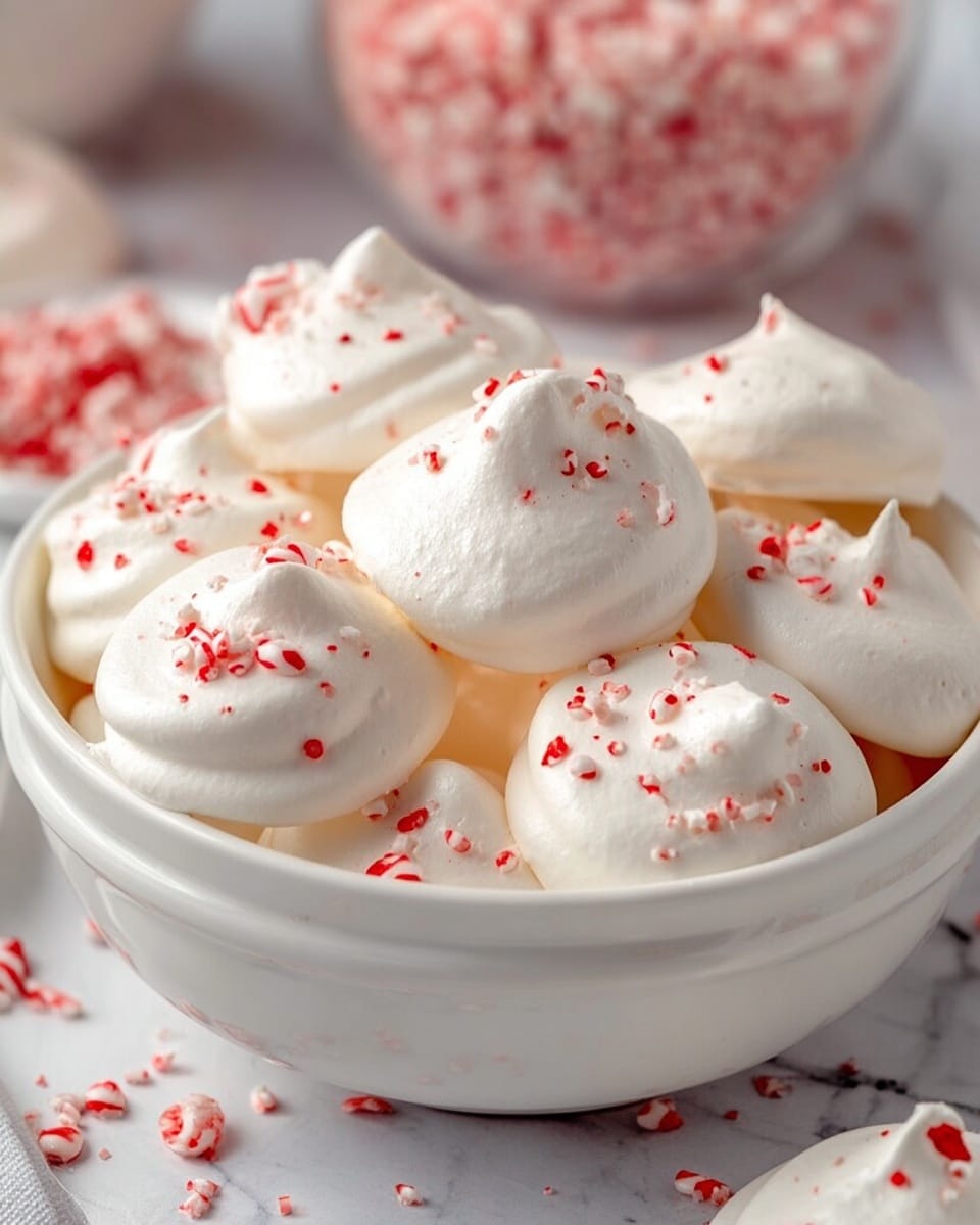 A white bowl filled with several round, light and puffy white meringue cookies sprinkled with small red and white candy pieces on top. Each meringue has a smooth, slightly shiny surface with peaks and small cracks. The bowl sits on a white marbled surface with some crushed candy pieces scattered around. In the background, there is a blurred container also filled with crushed red and white candy pieces. Photo taken with an iphone --ar 4:5 --v 7